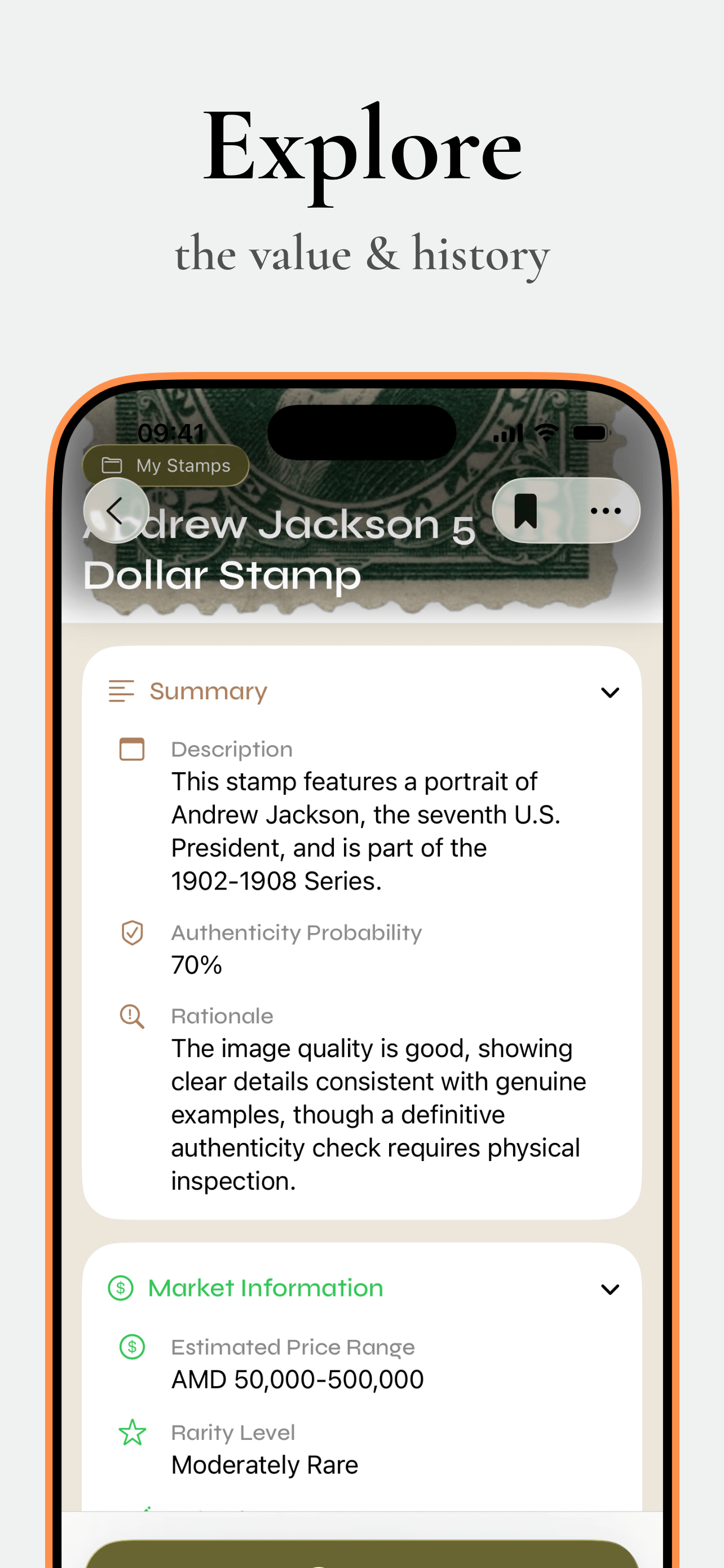 Detailed information display for identified stamps